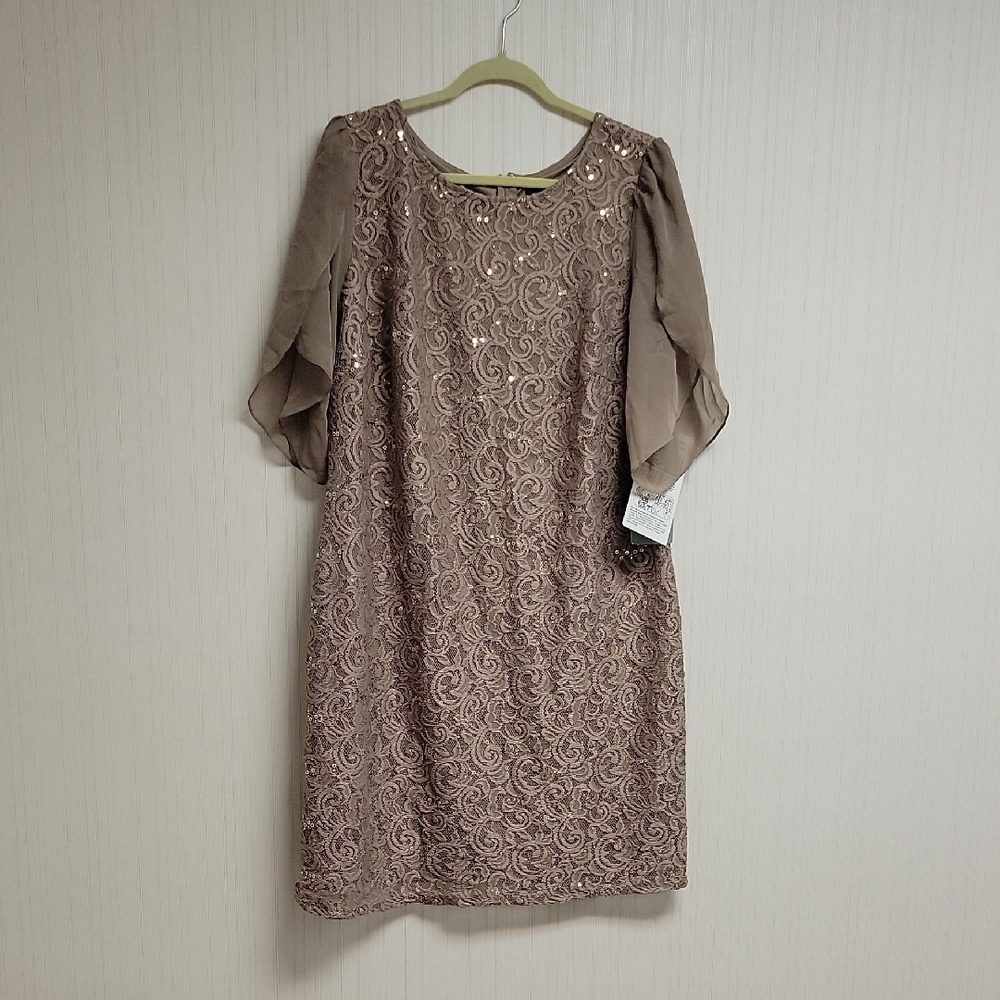 Scarlett Taupe Lace Sheer Sleeve Dress 16W Wedding Sequin Rehearsal Dinner New
